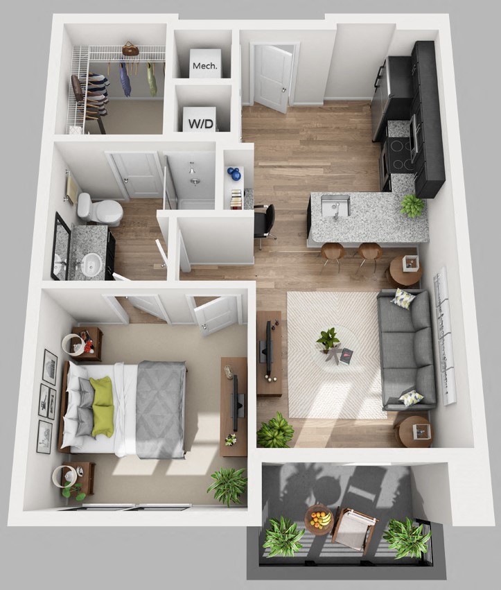 Floor plan for 1 bed, 1 bath, 637 sqft